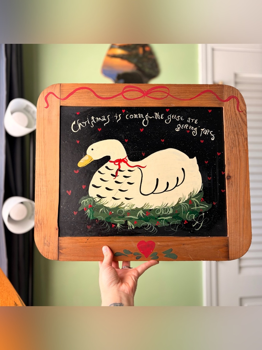 Hand-Painted Christmas Goose Wall Art – Cream and Black